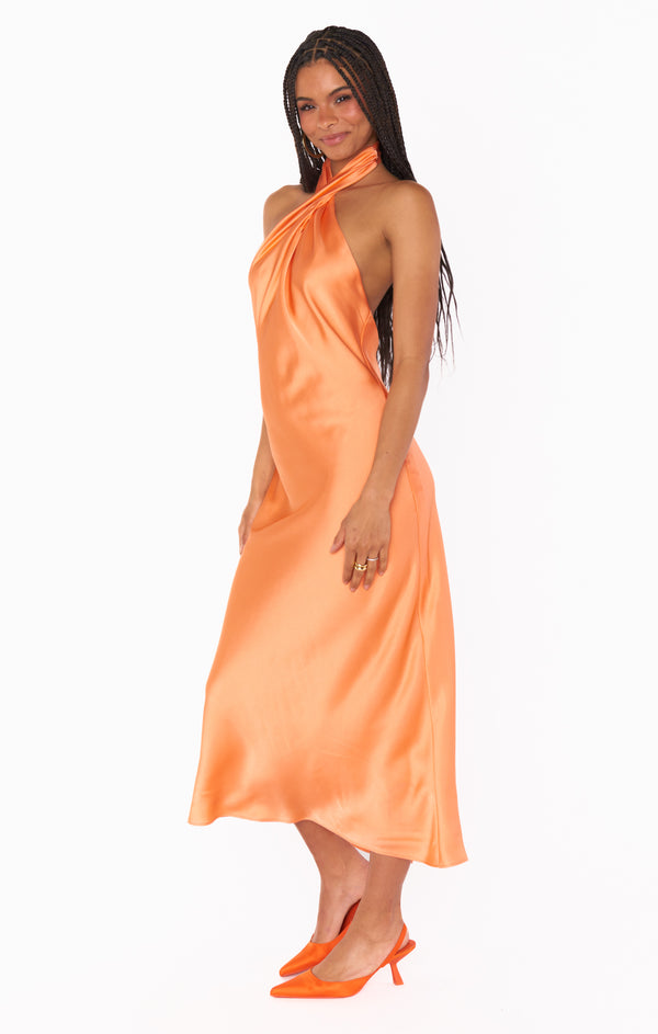 Jasmine Halter Midi Dress ~ Cantaloupe Luxe Satin – Show Me Your Mumu