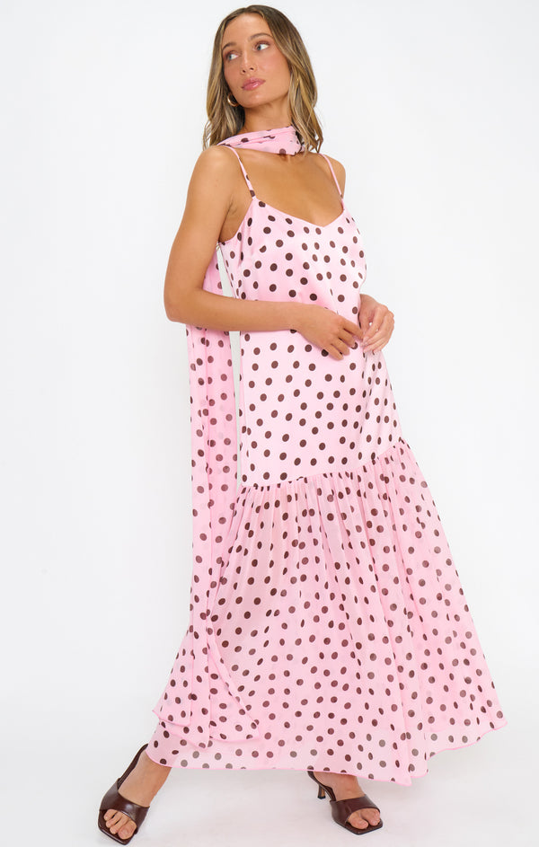 pink polka dot maxi dress Dalia Dress, in Truffle | Show Me Your Mumu Spring 1 2025 23 Blazer Wedding Dresses Color:Aubergine while the floor