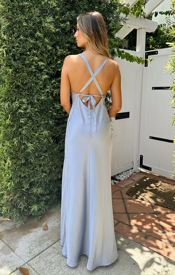 Anderson Maxi Dress ~ Steel Blue Luxe Satin – Show Me Your Mumu