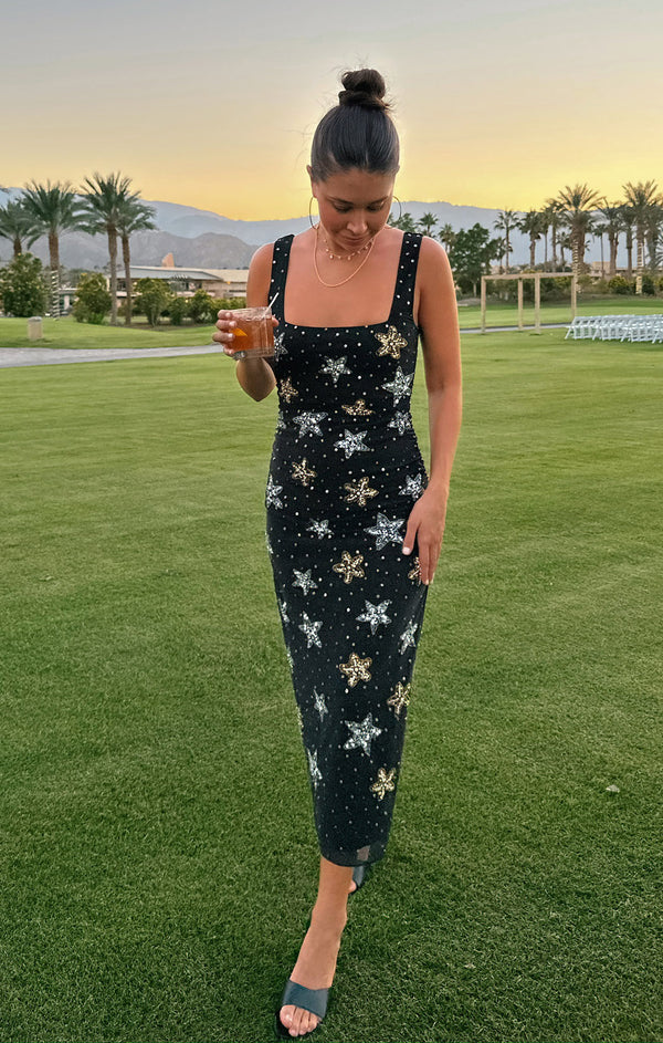 Stassi Midi Dress ~ Starfish Beaded Sequins Black – Show Me