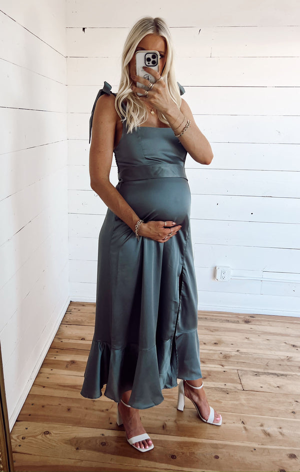 Claire Midi Dress ~ Deep Sage Luxe Satin – Show Me Your Mumu