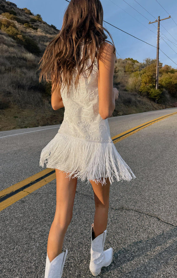 Cyrus Mini Dress, in White With Fringe