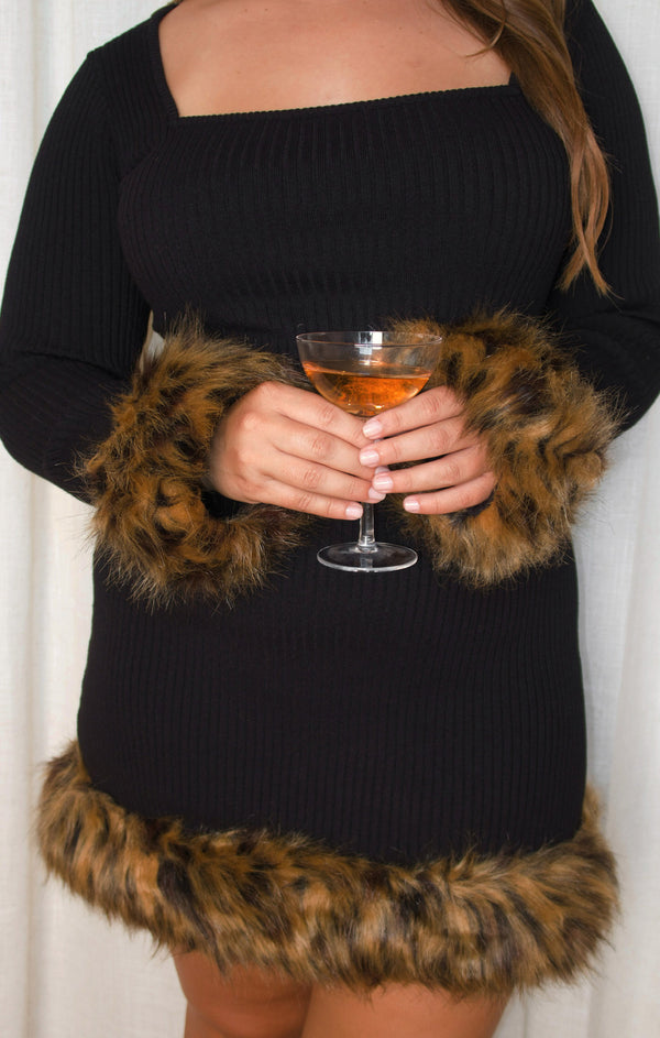 Francine Mini Dress ~ Black Knit with Faux Fur – Show Me Your Mumu