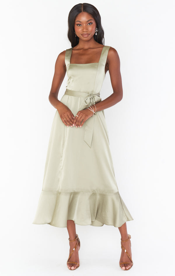 Claire Midi Dress, in Moss Green Luxe Satin | Show Me Your Mumu | Bridesmaid Dresses & Wedding Attendee Dress