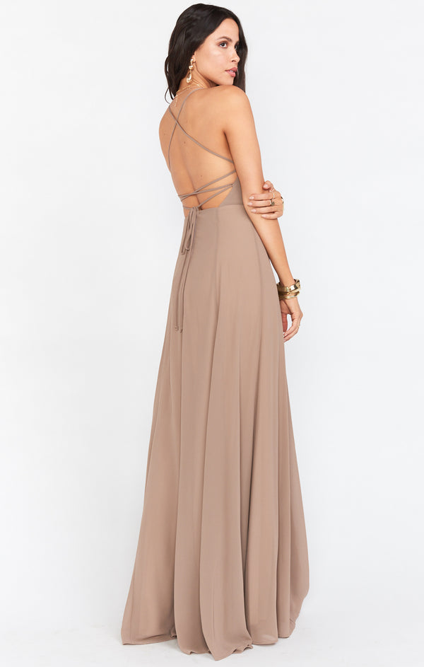 Show store Me Your Mumu Godshaw Goddess Gown in Dusty Plum Luxe Satin XS