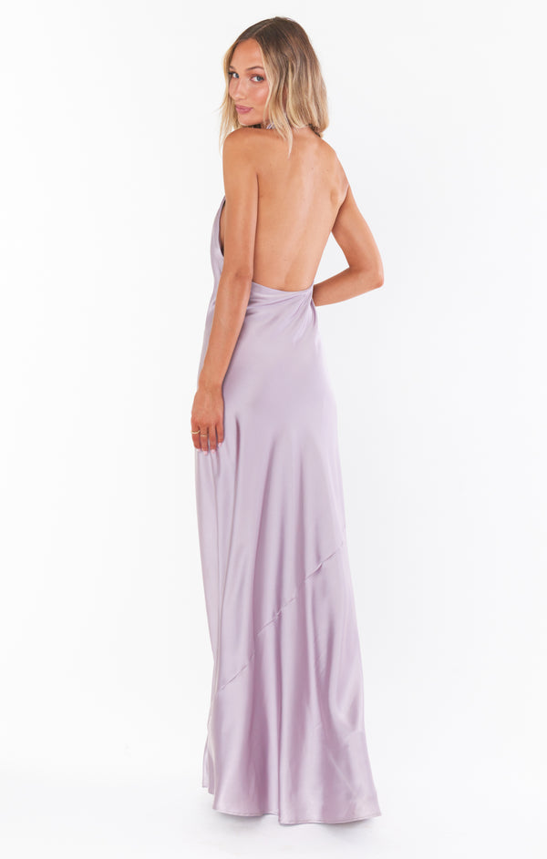 halter top purple dress Jasmine Maxi Dress, in Dusty Luxe Satin | Show Me Your Mumu Shiny Rainbow Sequin V-neck 250522 Wear your favorite color Color:Ink