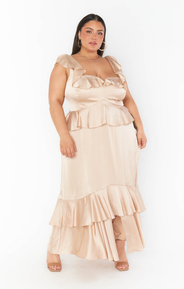 Reese Ruffle Dress ~ Champagne Luxe Satin – Show Me Your Mumu Reese Ruffle Dress ~ Champagne Luxe Satin – Show Me Your Mumu