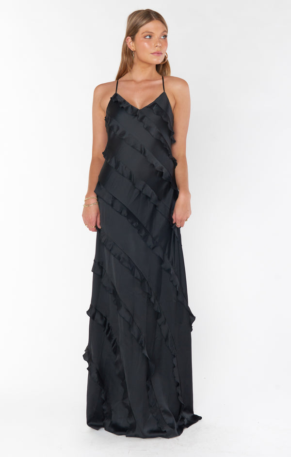 Romance Ruffle Dress, in Black Luxe Satin, Size: 2XL | Show Me Your Mumu