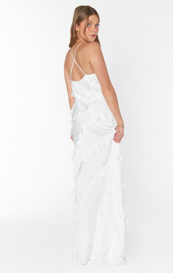 Romance Ruffle Dress, in Ivory Luxe Satin, Size: Small | Show Me Your Mumu | Bridesmaid Dresses