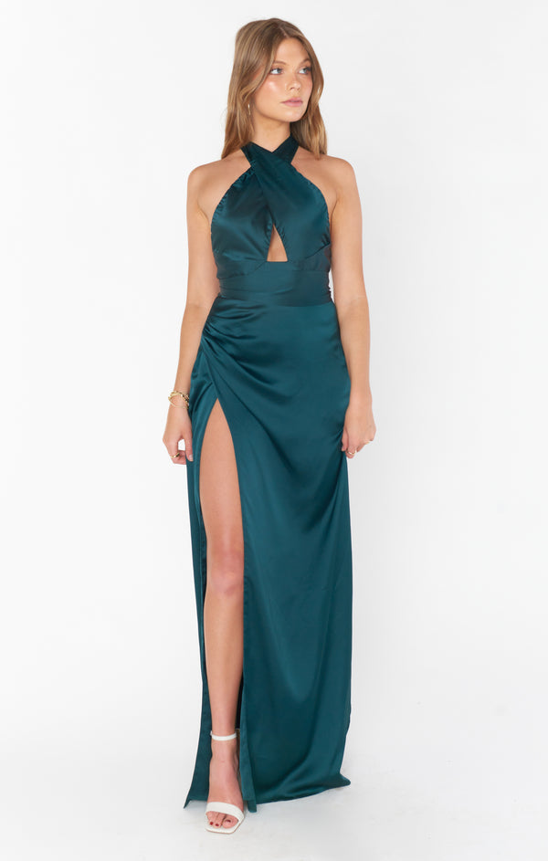 Adele Halter Maxi Dress, in Deep Emerald Luxe Satin, Size: Xs | Show Me Your Mumu