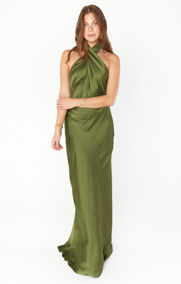 Jasmine Halter Maxi Dress ~ Rich Olive Luxe Satin – Show Me Your Mumu