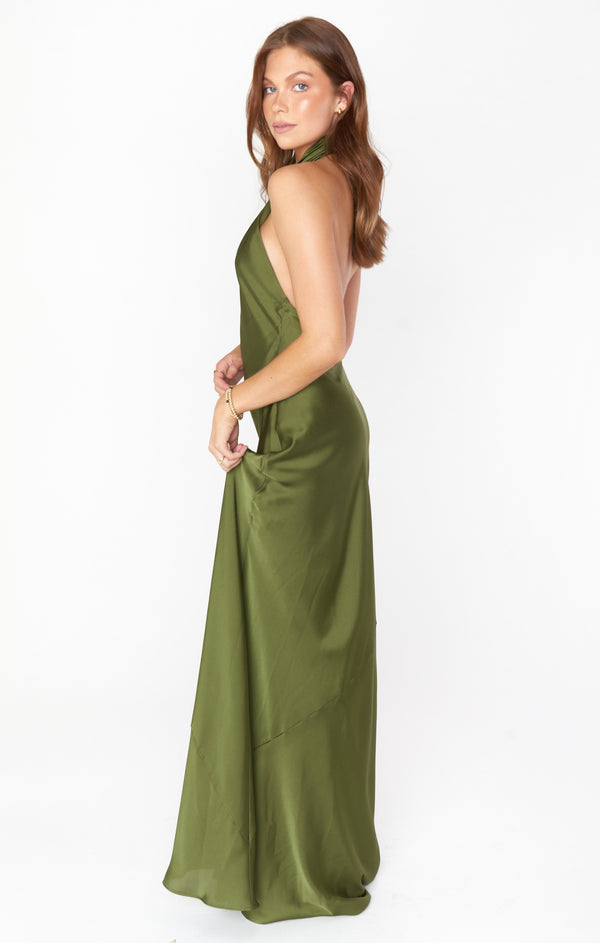 Jasmine Halter Maxi Dress ~ Rich Olive Luxe Satin – Show Me Your Mumu