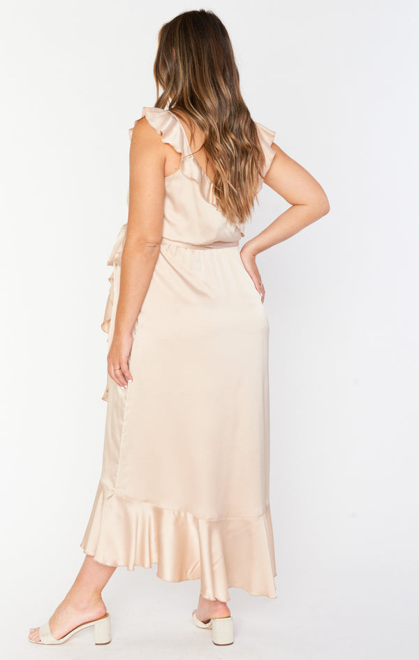 Samantha Ruffle Wrap Dress ~ Champagne Luxe Satin – Show Me Your Mumu Samantha Ruffle Wrap Dress ~ Champagne Luxe Satin – Show Me Your Mumu
