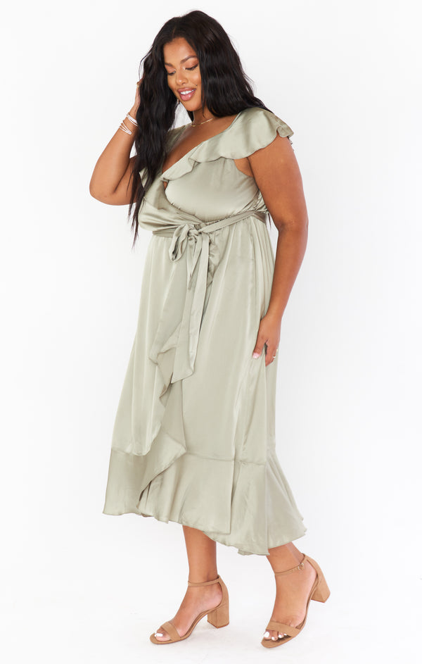 Samantha Ruffle Wrap Dress ~ Moss Green Luxe Satin – Show Me Your Mumu