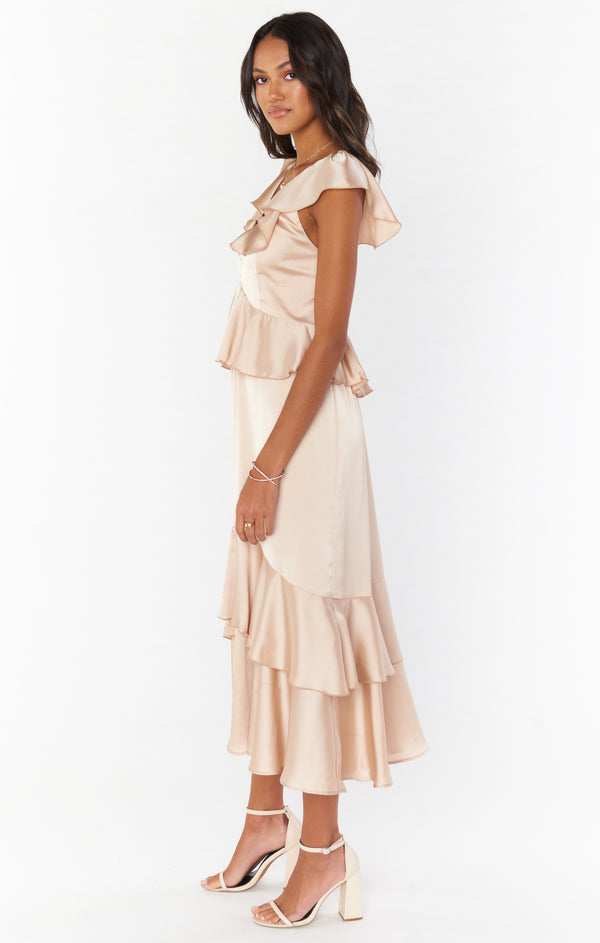 Reese Ruffle Dress ~ Champagne Luxe Satin – Show Me Your Mumu