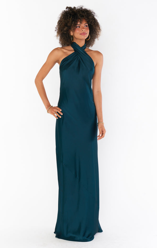 Jasmine Halter Maxi Dress ~ Deep Emerald Luxe Satin – Show Me Your Mumu