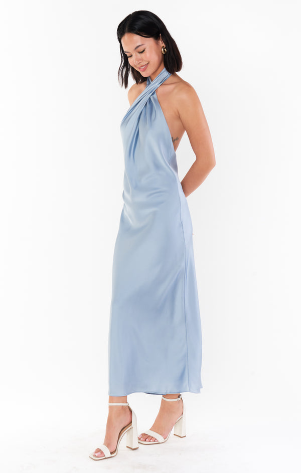 Jasmine Halter Midi Dress ~ Steel Blue Luxe Satin – Show Me Your Mumu
