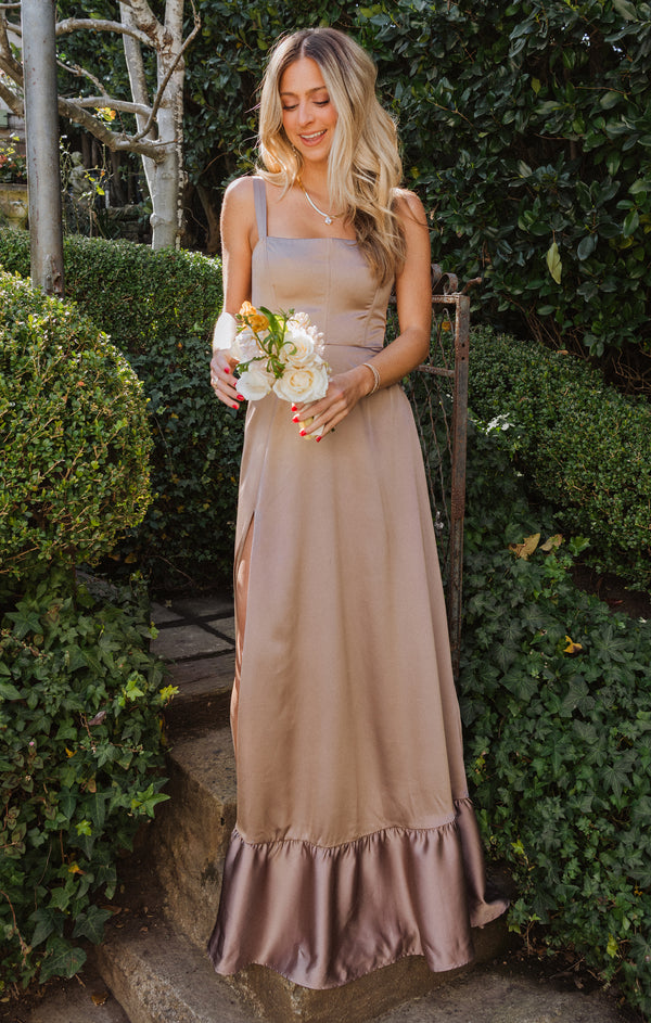 Clarissa Corset Dress, in Dune Luxe Satin, Size: Large | Show Me Your Mumu Clarissa Corset Dress, in Dune Luxe Satin, Size: Large | Show Me Your Mumu