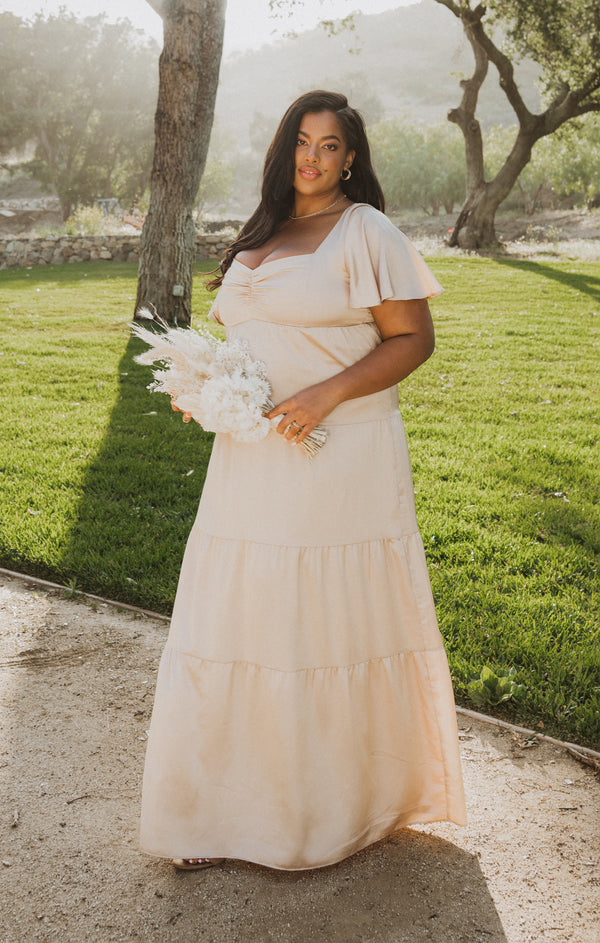 plus size champagne wedding dress Nicole Maxi Dress, in Champagne Luxe Satin, Size: XS | Show Me Your Mumu