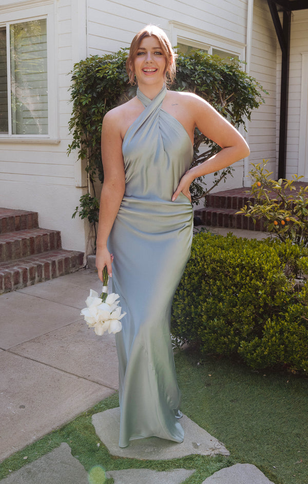 Jasmine Halter Maxi Dress ~ Silver Sage Luxe Satin – Show Me Your Mumu