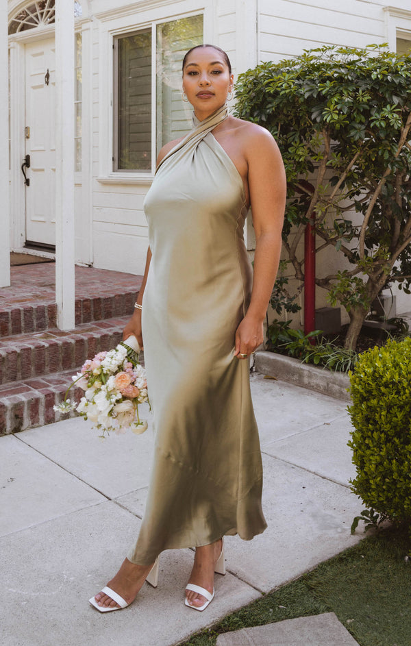 Jasmine Halter Maxi Dress ~ Moss Green Luxe Satin – Show Me Your Mumu