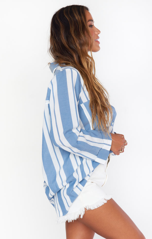 NWT Show Me Your on sale MuMu Stayton Tunic Stripes Button Up Blouse Blue / White XS