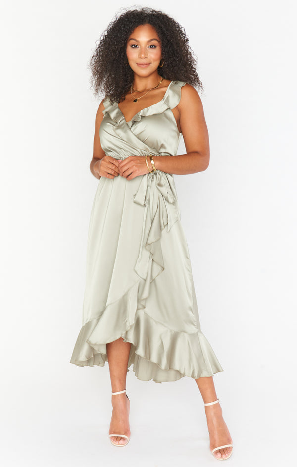 Samantha Ruffle Wrap Dress ~ Moss Green Luxe Satin – Show Me Your Mumu Samantha Ruffle Wrap Dress ~ Moss Green Luxe Satin – Show Me Your Mumu