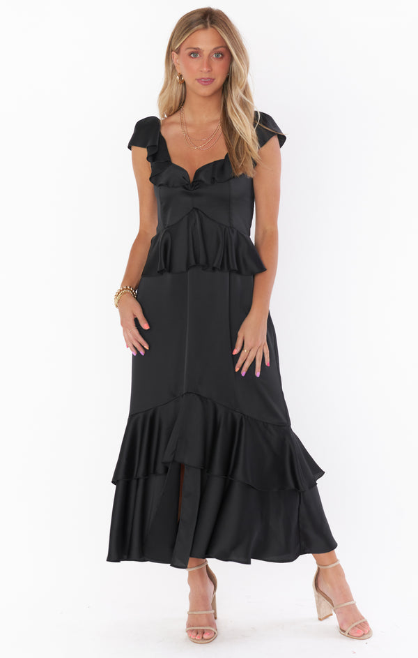 Reese Ruffle Dress ~ Black Luxe Satin – Show Me Your Mumu
