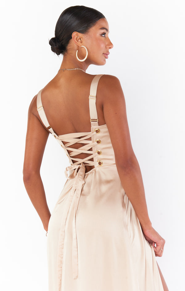 Clarissa Corset Dress ~ Champagne Luxe Satin – Show Me Your Mumu