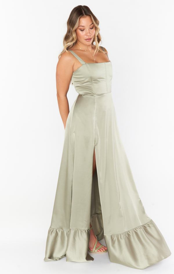 Clarissa Corset Dress ~ Moss Green Luxe Satin – Show Me Your Mumu
