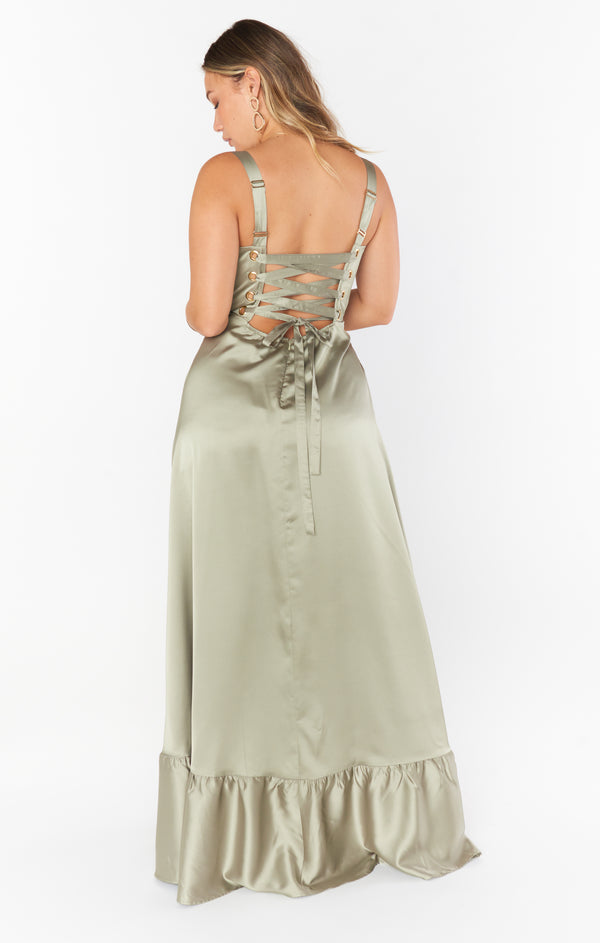 Clarissa Corset Dress ~ Moss Green Luxe Satin – Show Me Your Mumu