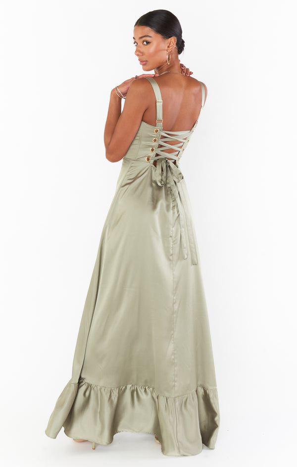 Clarissa Corset Dress ~ Moss Green Luxe Satin – Show Me Your Mumu