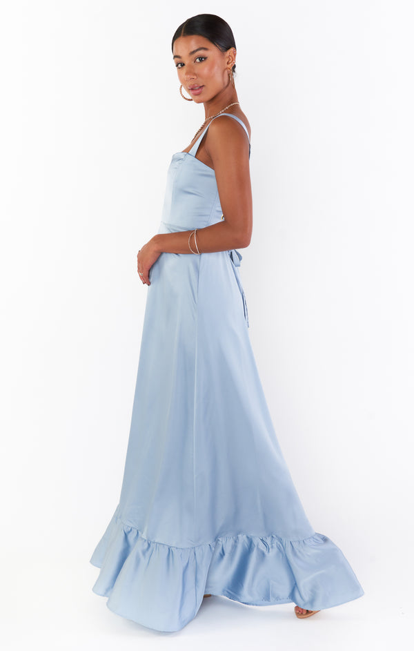 Clarissa Corset Dress ~ Steel Blue Luxe Satin – Show Me Your Mumu