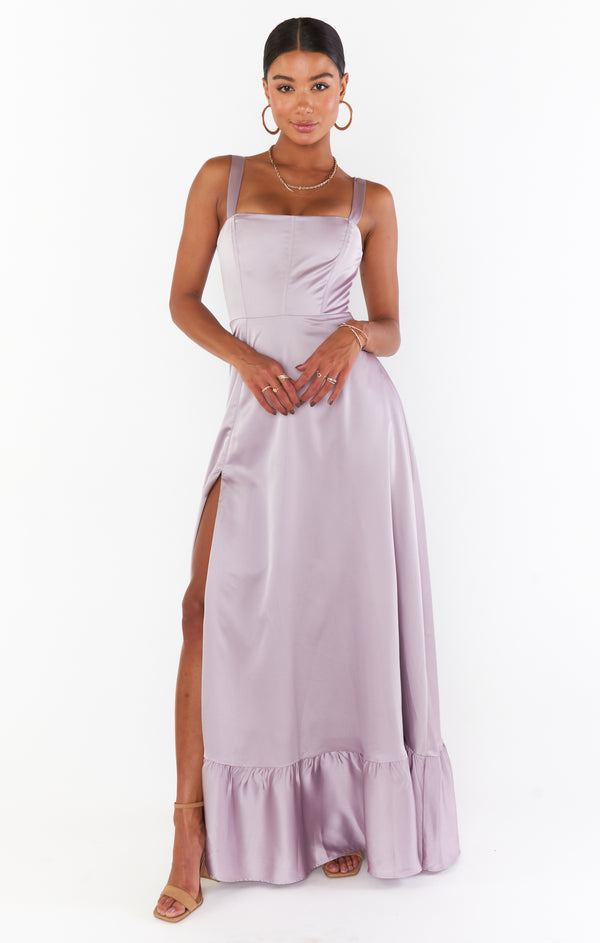 Clarissa Corset Dress, in Dusty Purple Luxe Satin | Show Me Your Mumu | Bridesmaid Dresses & Wedding Attendee Dress Clarissa Corset Dress, in Dusty Purple Luxe Satin | Show Me Your Mumu | Bridesmaid Dresses & Wedding Attendee Dress
