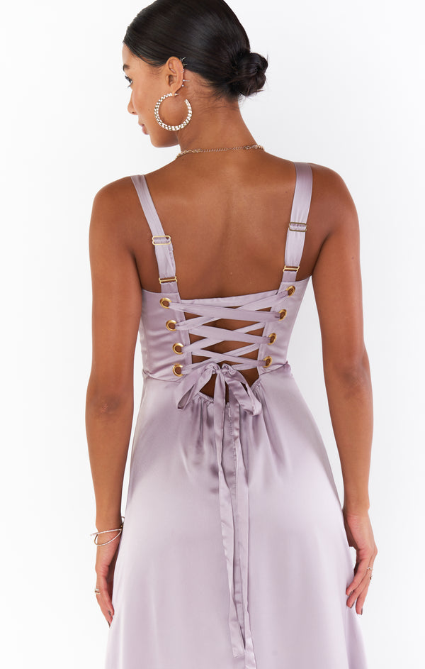 Clarissa Corset Dress ~ Dusty Purple Luxe Satin – Show Me Your Mumu