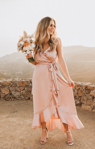 Samantha Ruffle Wrap Dress ~ Rose Gold Luxe Satin XS Samantha Ruffle Wrap Dress ~ Rose Gold Luxe Satin XS