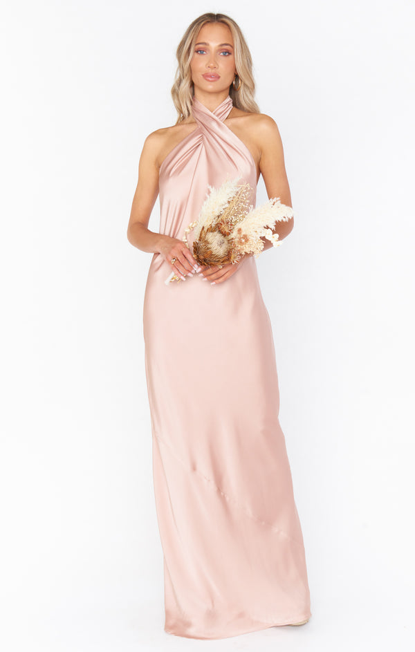 Jasmine Halter Maxi Dress, in Rose Gold Luxe Satin