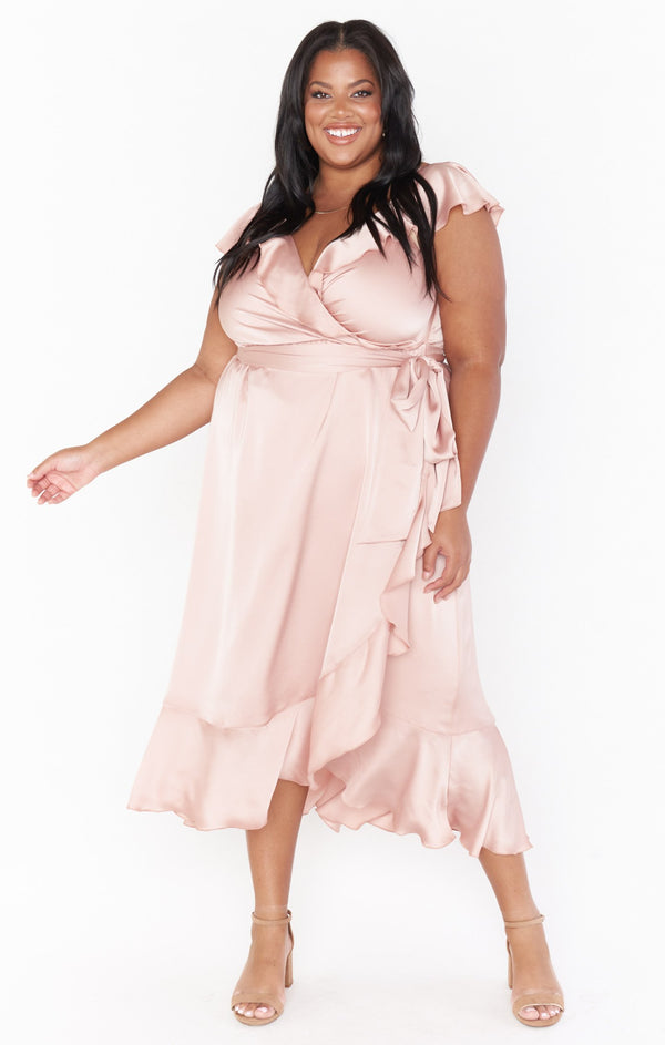 Samantha Ruffle Wrap Dress Rose Gold Luxe Satin Show Me Your Mumu