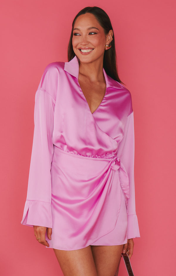 Clara Collared Mini Dress ~ Purple Pink Luxe Satin – Show Me Your Mumu