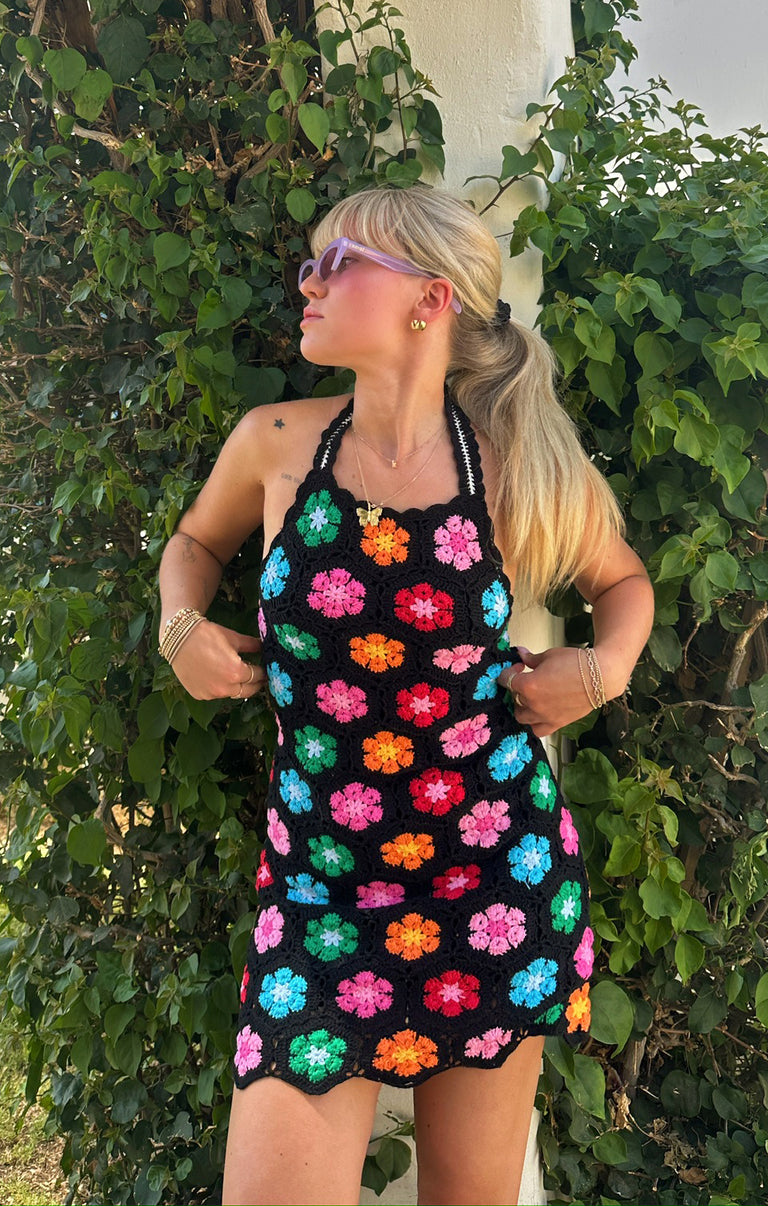 Happy Halter Mini Dress ~ Multi Black Flower Crochet Show Me Your Mumu Happy Halter Mini Dress ~ Multi Black Flower Crochet Show Me Your Mumu