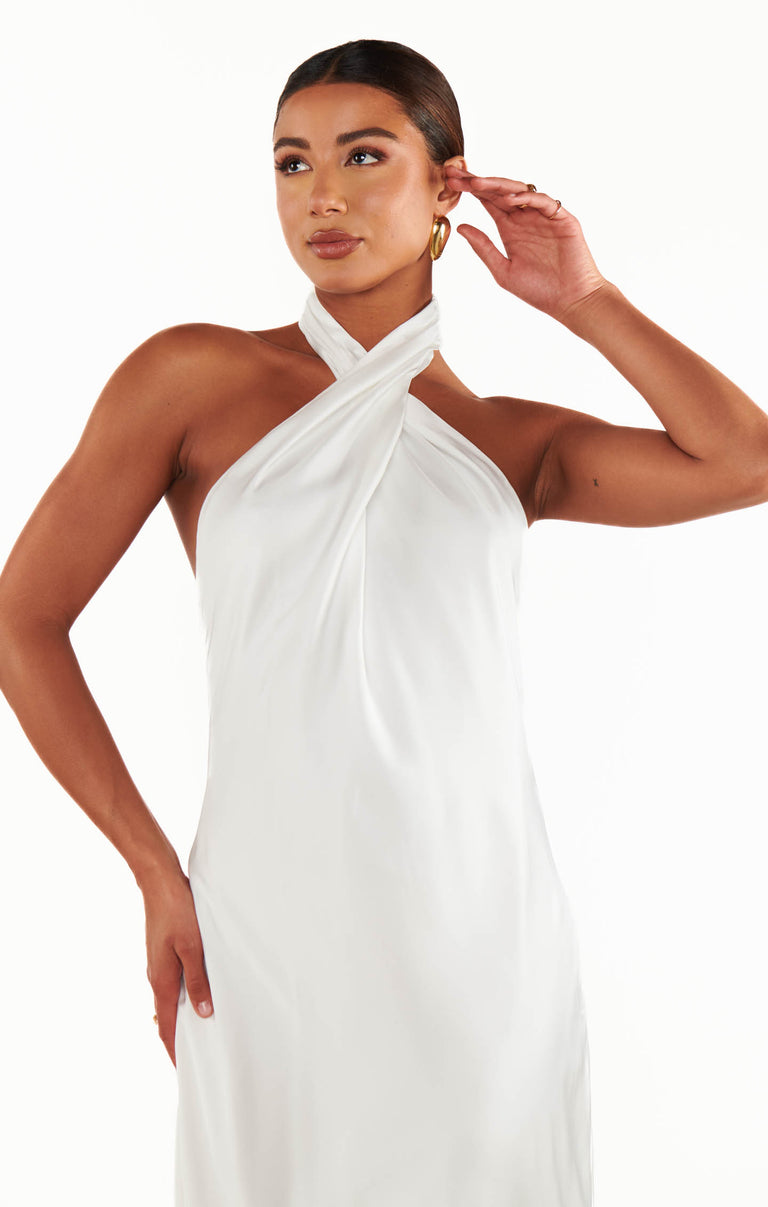 slim fit dress slacks Night Hustle Halter Midi Dress White