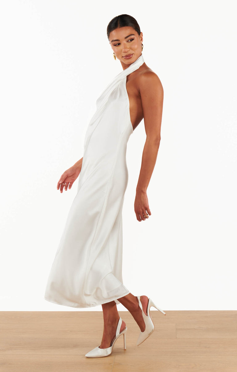 Jasmine Halter Midi Dress, in Ivory Luxe Satin