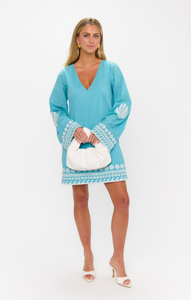 knee length dresses for ladies Malia Mini Dress ~ Blue Capri Shells – Show Me Your Mumu