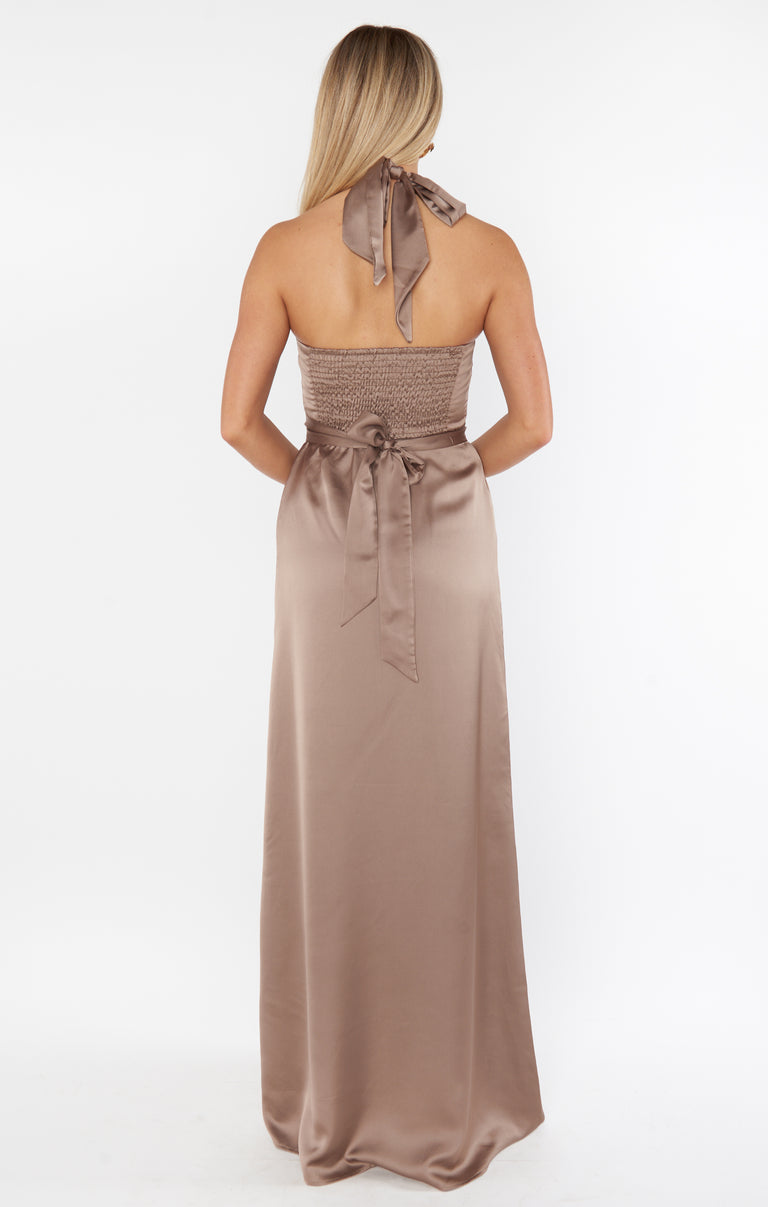 Hazel Halter Maxi Dress ~ Dune Luxe Satin – Show Me Your Mumu