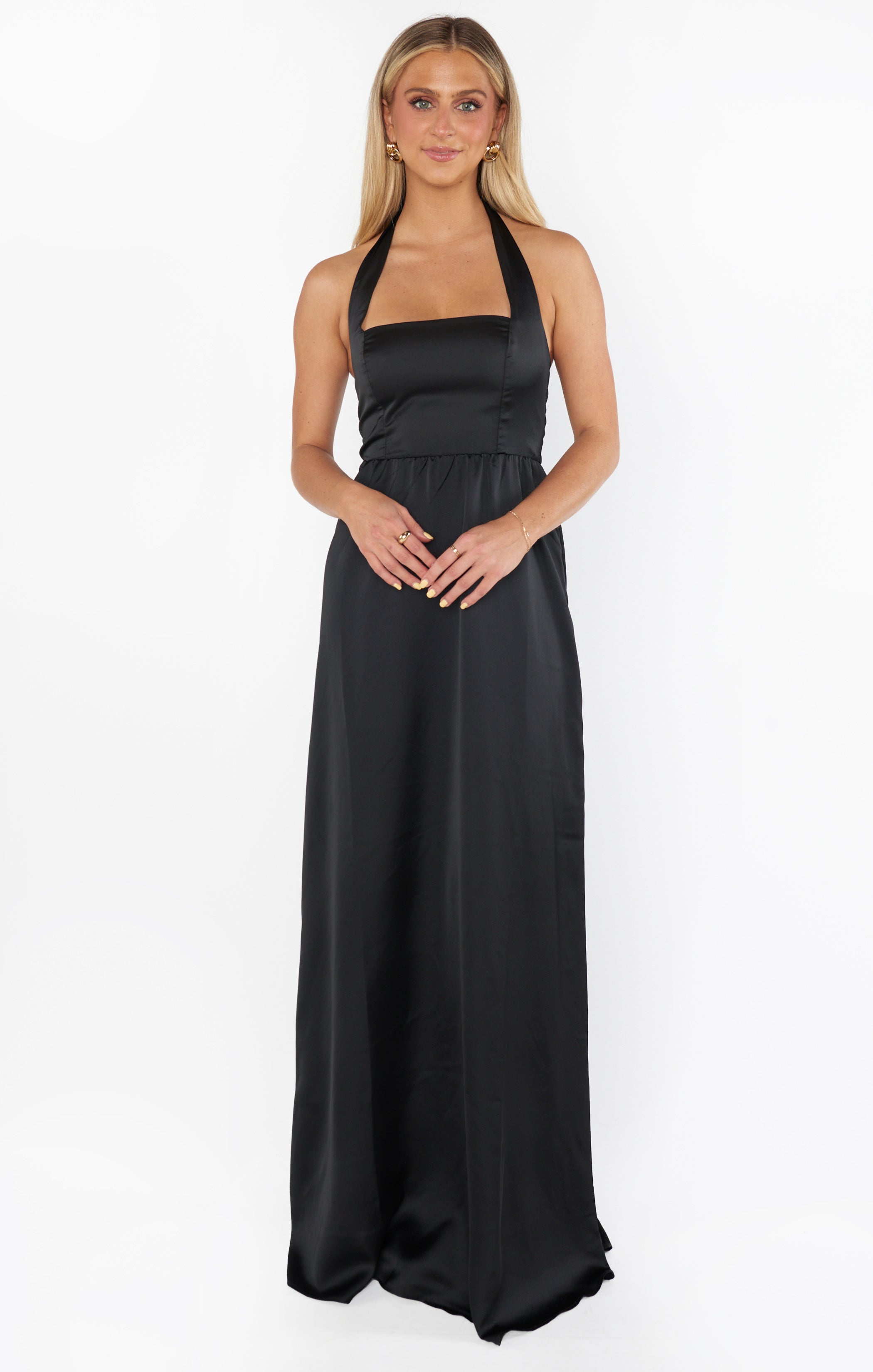 Hazel Halter Maxi Dress ~ Black Luxe Satin  Show Me Your Mumu
