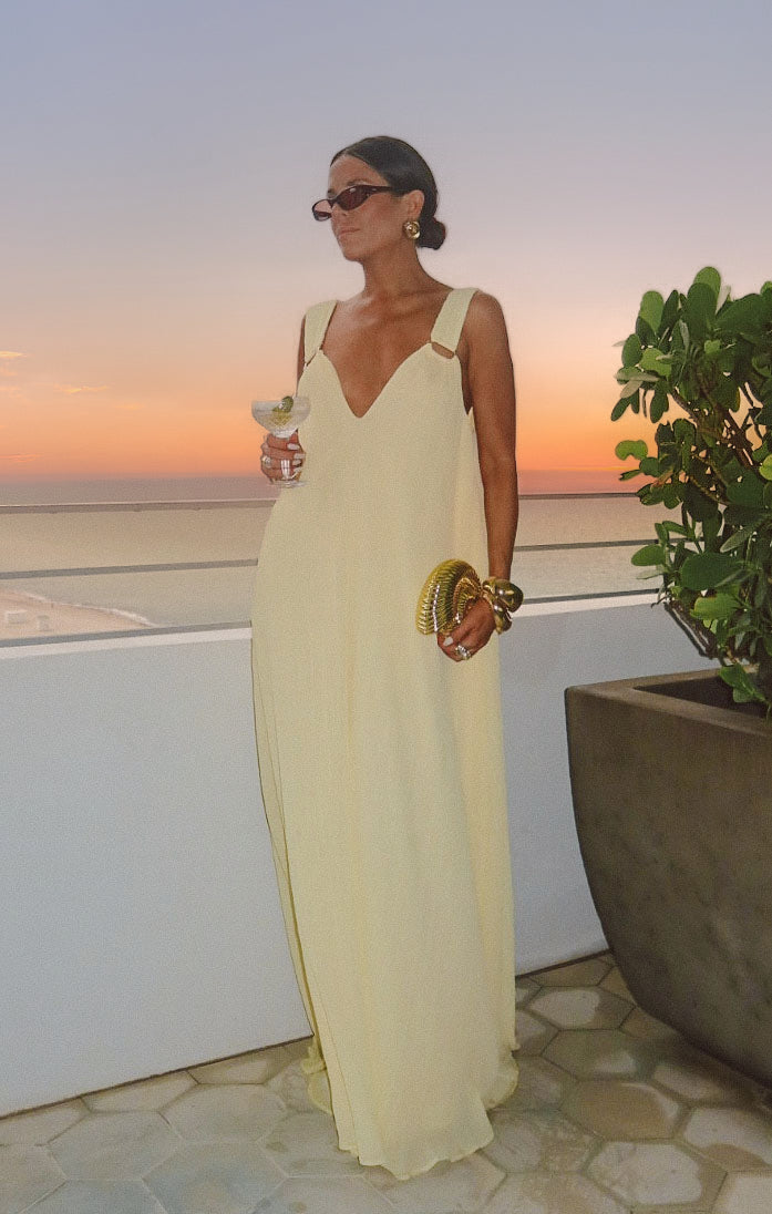 Heidi Maxi Dress, in Pale Yellow Pleated Chiffon, Size: 2XL | Show Me Your Mumu