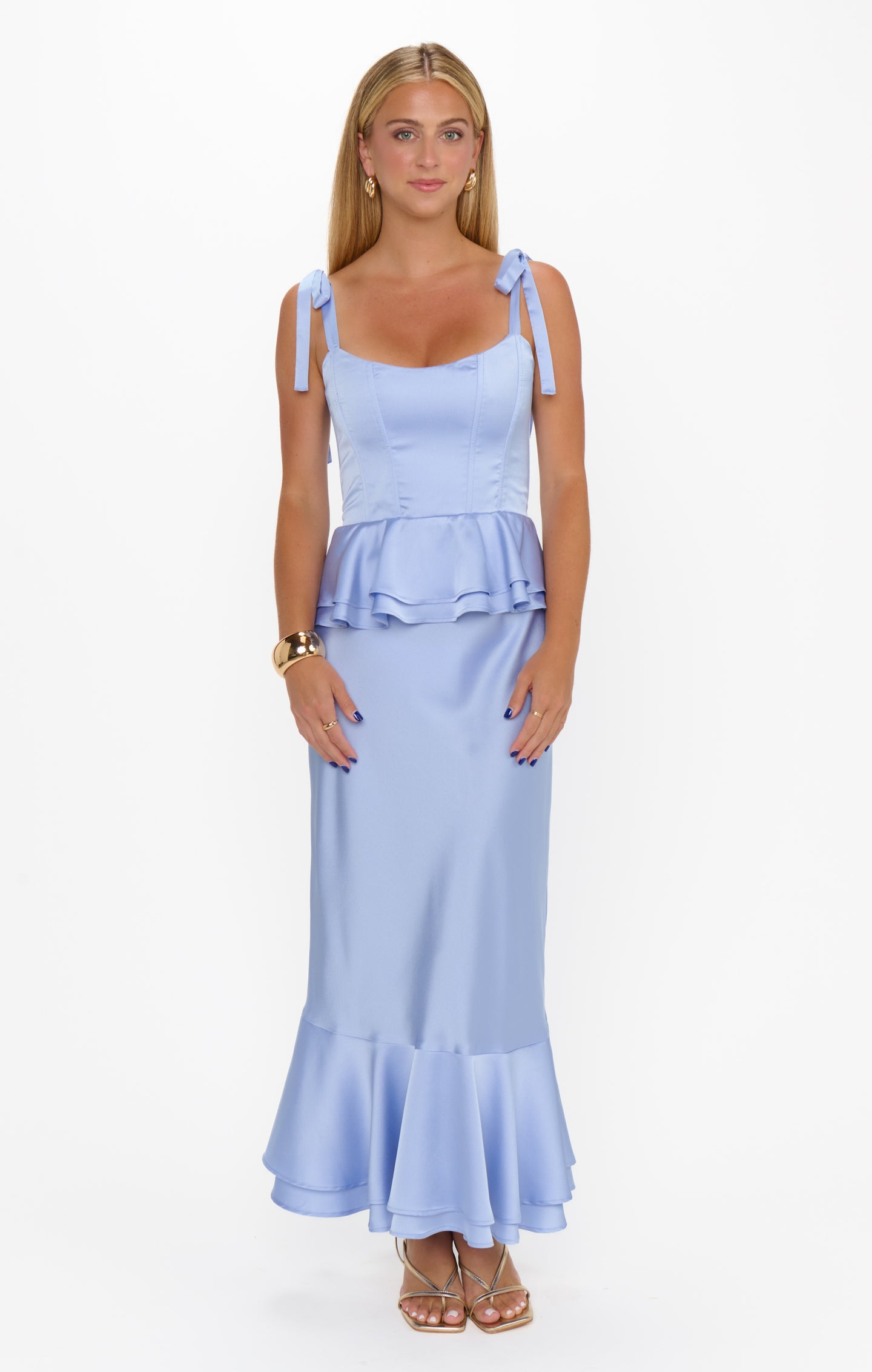 Pauline Peplum Dress, in Borrowed Blue Luxe Satin | Show Me Your Mumu