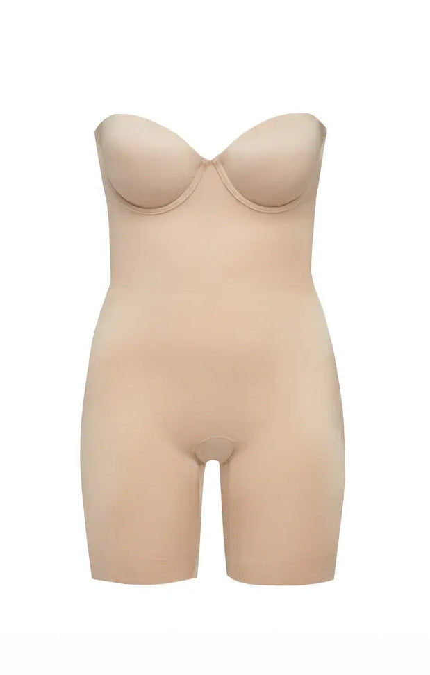 Spanx Suit Your Fancy Strapless Cupped Mid Thigh Bodysuit ~ Champagne Show Me Your Mumu 5564