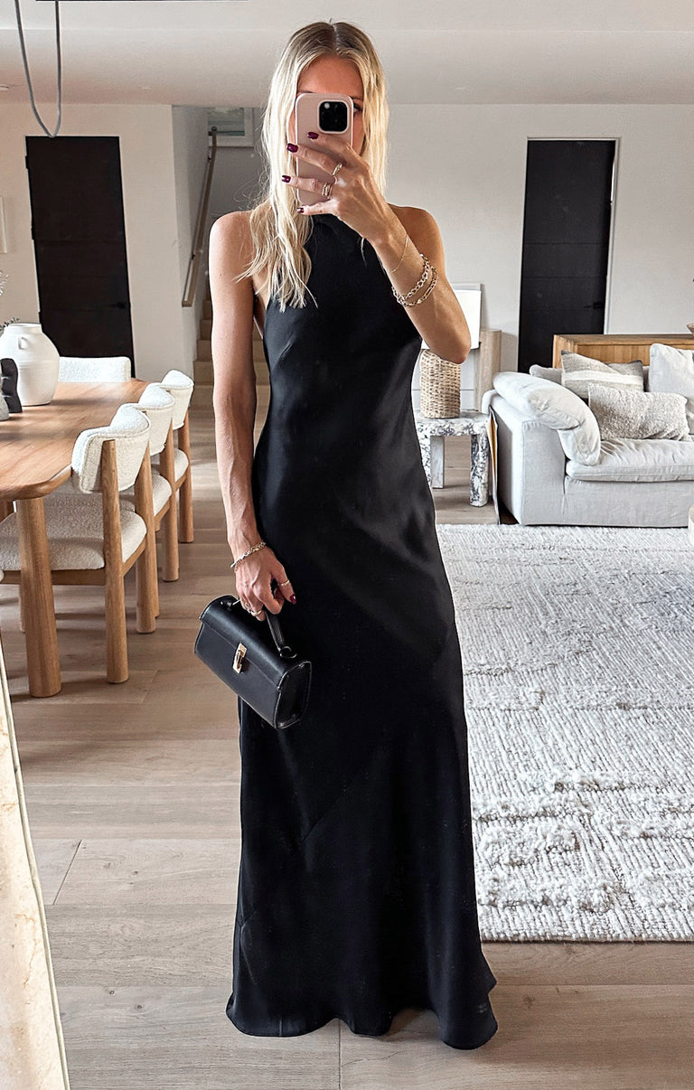 Lisa Maxi Dress ~ Black Luxe Satin