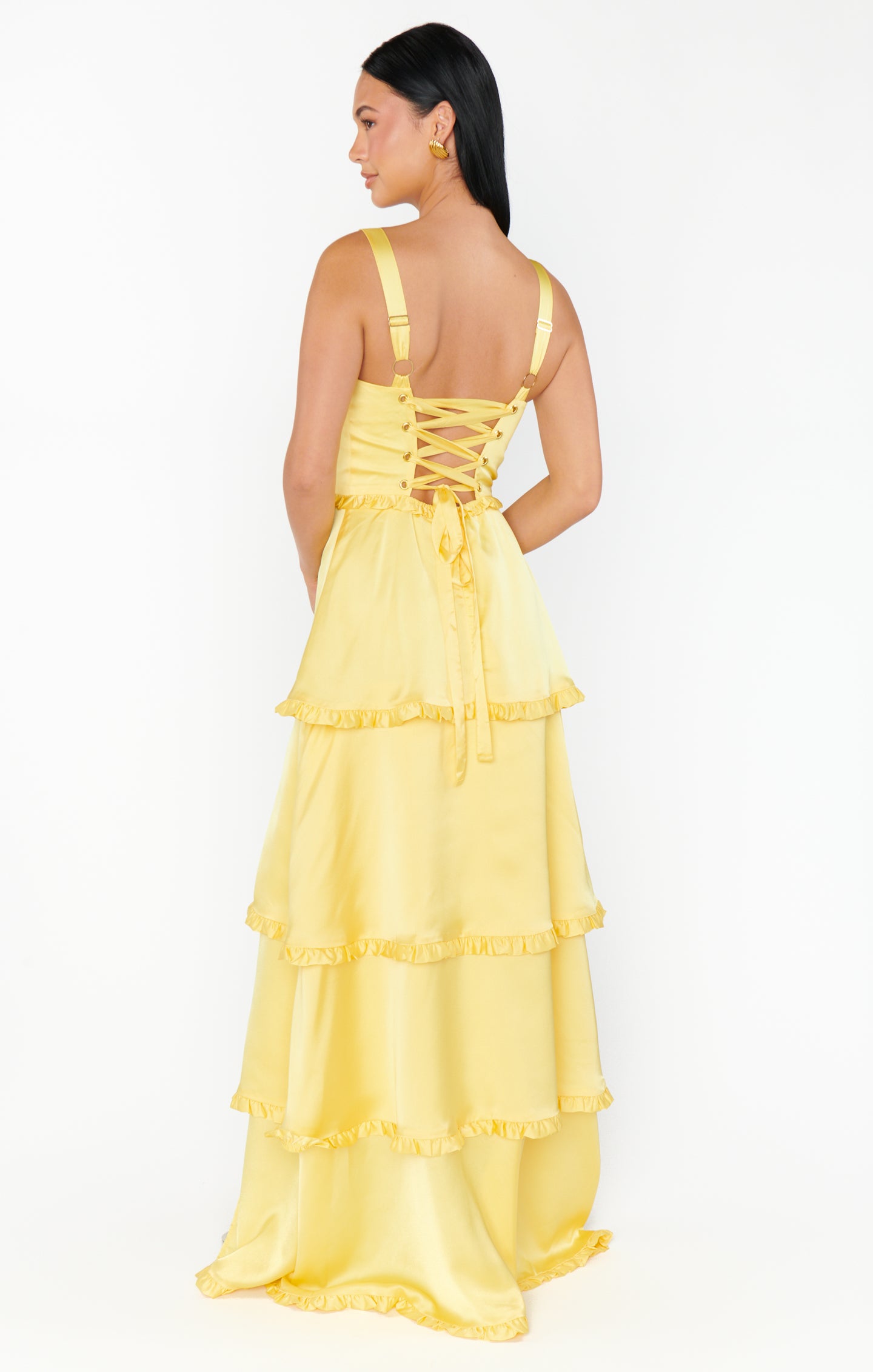 knee length dresses for ladies Lady Corset Dress ~ Yellow Luxe Satin XL